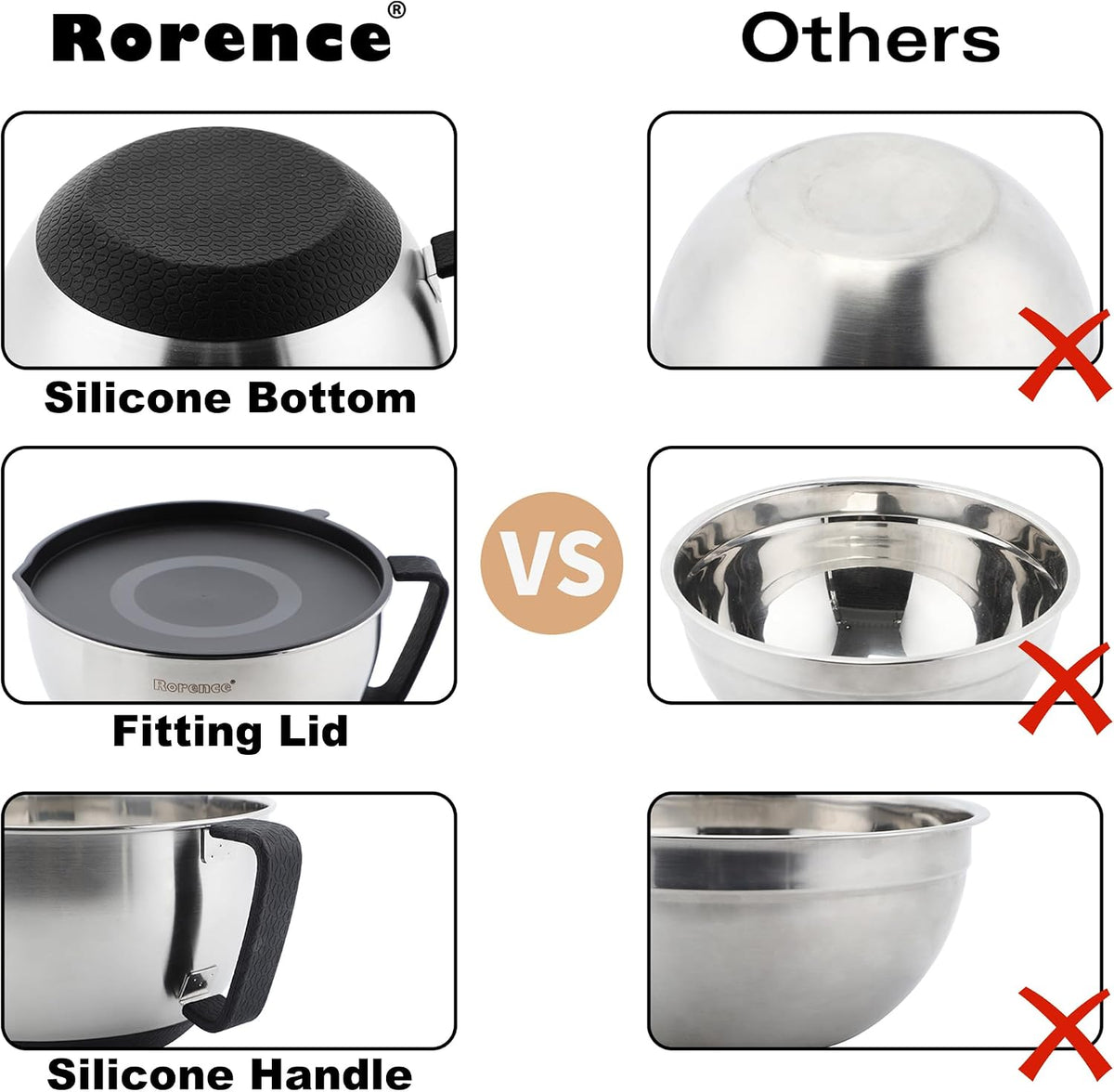 Stainless Steel Mixing Bowls: Metal Mixing Bowl Set with Lids and Handles Non-slip Silicone Bottom Nesting Bowls for Kitchen Set of 3 - Red