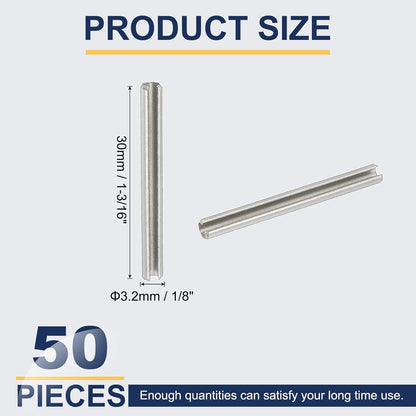 Slotted Spring Pin, 50 Pcs 1/8" x 3/4" (3.2mm x 20mm) 304 Stainless Steel Split Roll Pins Spring Dowel for Home Improvement Automotive Machine Repair, Silver - Colors B