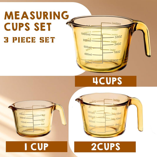 3-pack Glass Measuring Cups Set, (1, 2 & 4 Cup) Measuring Cups for Prepping, Baking and Cooking, Preheated Oven, Dishwasher, Freezer, and Microwave Safe, Essential Kitchen Tools