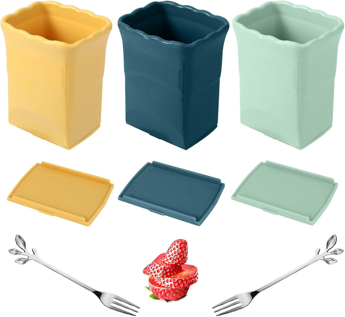 5 Pack, 3 Pcs Cup Slicers with 2 Pcs Stainless Steel leaf Forks Strawberry Slicer Banana Fruit Cutter Egg Slicer Multifunctional Soft Fruit and Vegetable Slice Fresh Platter Making