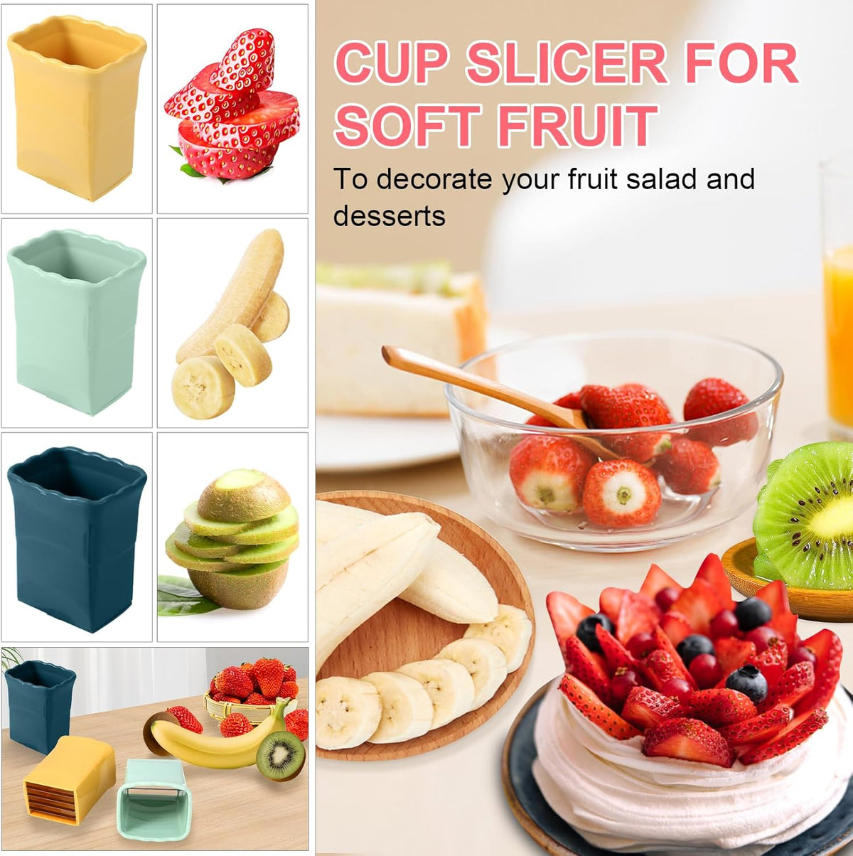 5 Pack, 3 Pcs Cup Slicers with 2 Pcs Stainless Steel leaf Forks Strawberry Slicer Banana Fruit Cutter Egg Slicer Multifunctional Soft Fruit and Vegetable Slice Fresh Platter Making