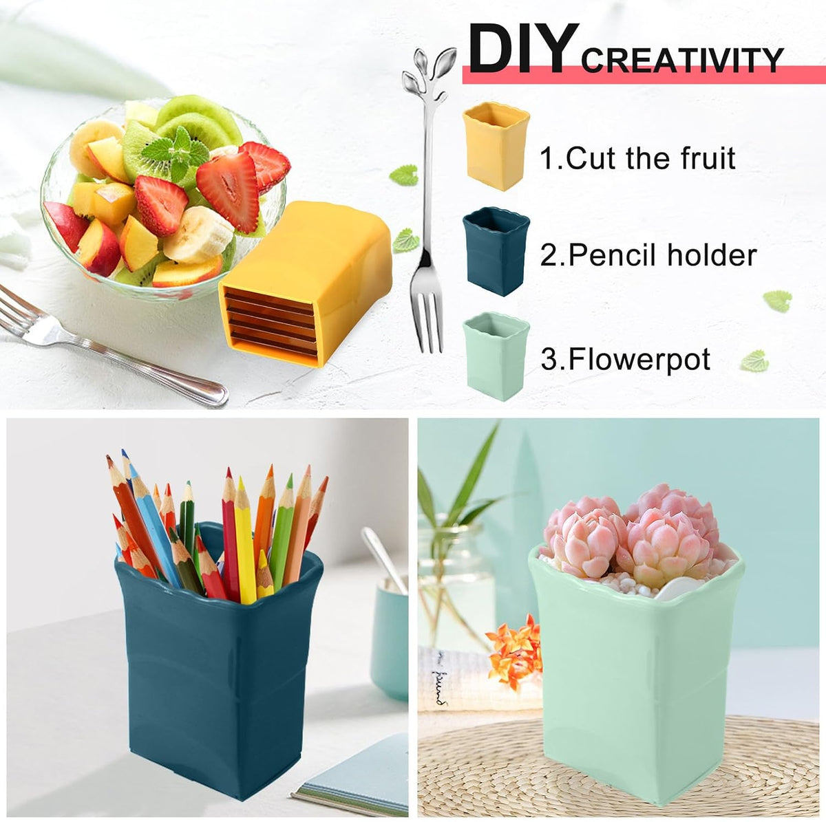 5 Pack, 3 Pcs Cup Slicers with 2 Pcs Stainless Steel leaf Forks Strawberry Slicer Banana Fruit Cutter Egg Slicer Multifunctional Soft Fruit and Vegetable Slice Fresh Platter Making