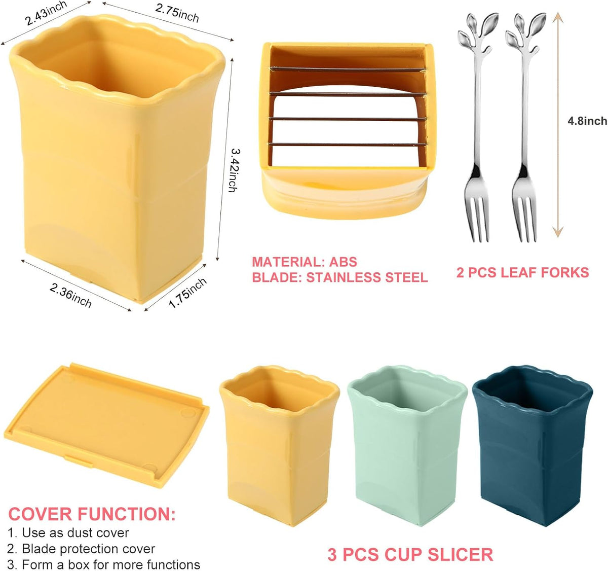 5 Pack, 3 Pcs Cup Slicers with 2 Pcs Stainless Steel leaf Forks Strawberry Slicer Banana Fruit Cutter Egg Slicer Multifunctional Soft Fruit and Vegetable Slice Fresh Platter Making