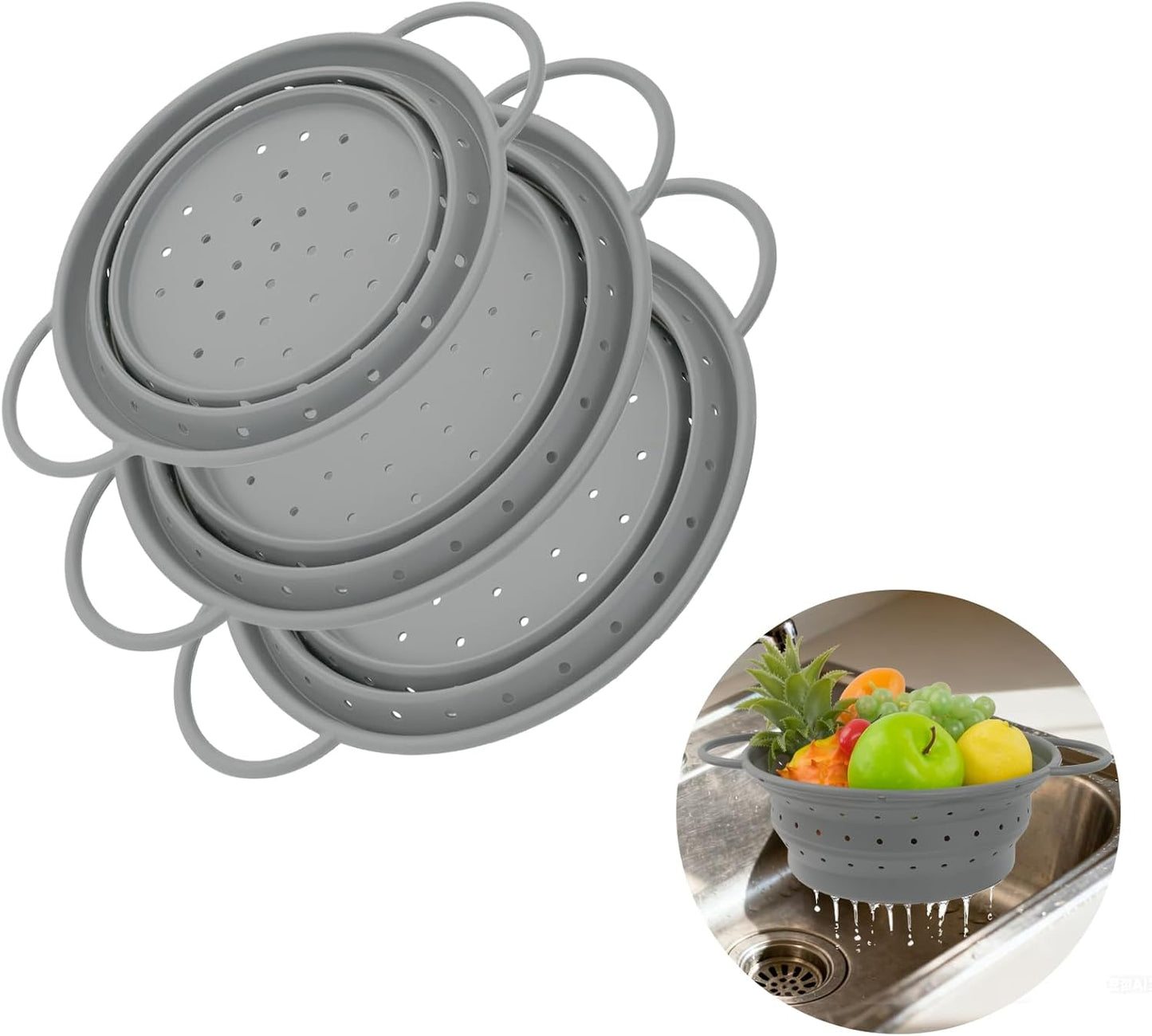 Collapsible Colander Set of 3, Silicone Space-Saving Foldable | Kitchen Pasta Strainer, Heat-Resistant Fast Draining Basket with Non-Slip Base and Handles, Food Strainer
