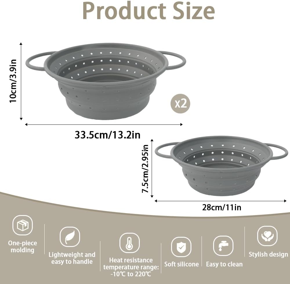 Collapsible Colander Set of 3, Silicone Space-Saving Foldable | Kitchen Pasta Strainer, Heat-Resistant Fast Draining Basket with Non-Slip Base and Handles, Food Strainer