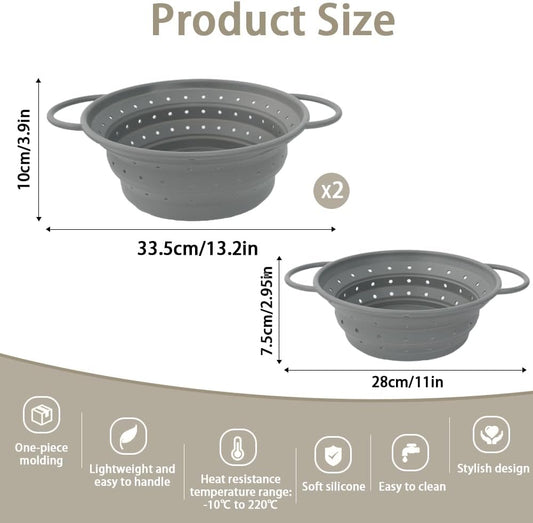 Collapsible Colander Set of 3, Silicone Space-Saving Foldable | Kitchen Pasta Strainer, Heat-Resistant Fast Draining Basket with Non-Slip Base and Handles, Food Strainer