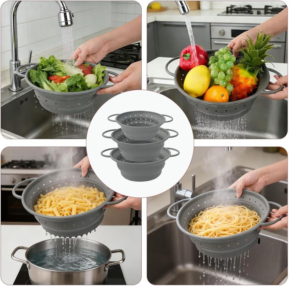 Collapsible Colander Set of 3, Silicone Space-Saving Foldable | Kitchen Pasta Strainer, Heat-Resistant Fast Draining Basket with Non-Slip Base and Handles, Food Strainer