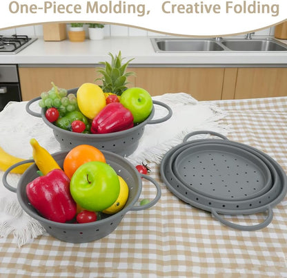 Collapsible Colander Set of 3, Silicone Space-Saving Foldable | Kitchen Pasta Strainer, Heat-Resistant Fast Draining Basket with Non-Slip Base and Handles, Food Strainer
