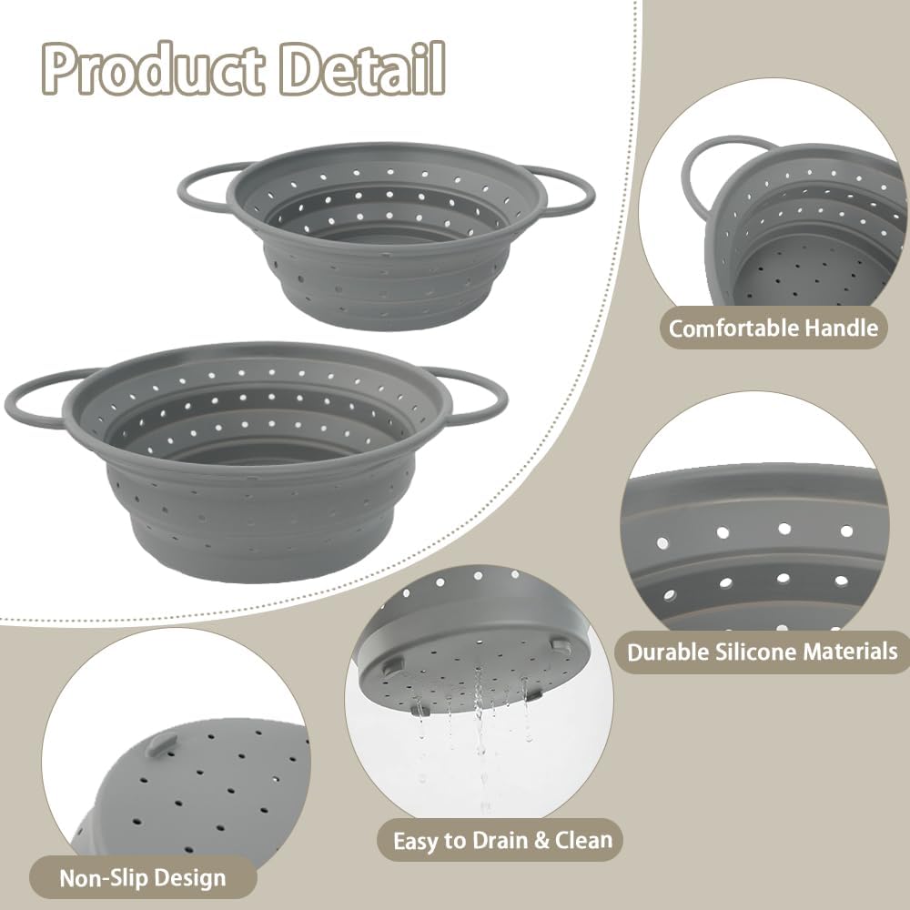 Collapsible Colander Set of 3, Silicone Space-Saving Foldable | Kitchen Pasta Strainer, Heat-Resistant Fast Draining Basket with Non-Slip Base and Handles, Food Strainer
