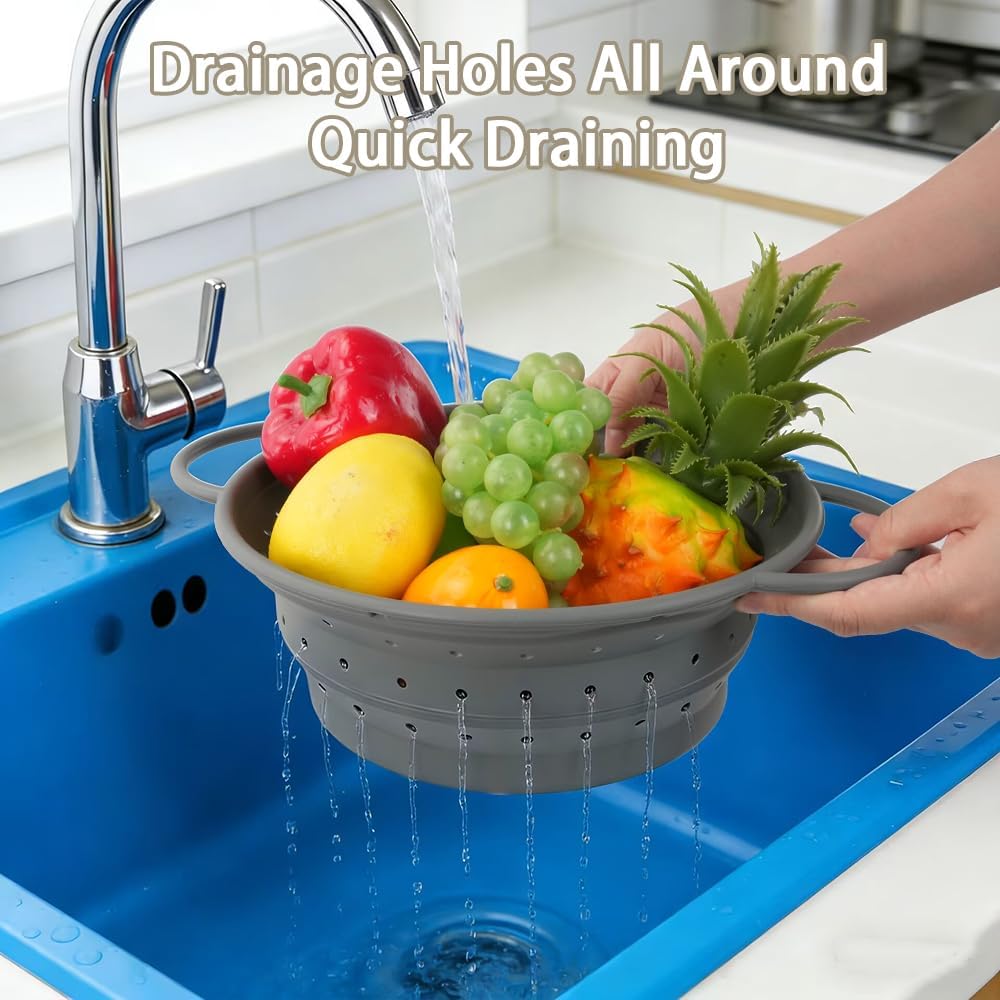 Collapsible Colander Set of 3, Silicone Space-Saving Foldable | Kitchen Pasta Strainer, Heat-Resistant Fast Draining Basket with Non-Slip Base and Handles, Food Strainer