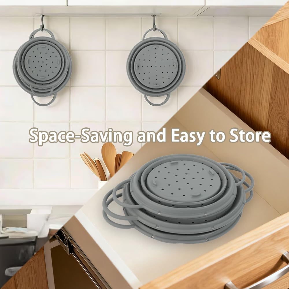Collapsible Colander Set of 3, Silicone Space-Saving Foldable | Kitchen Pasta Strainer, Heat-Resistant Fast Draining Basket with Non-Slip Base and Handles, Food Strainer