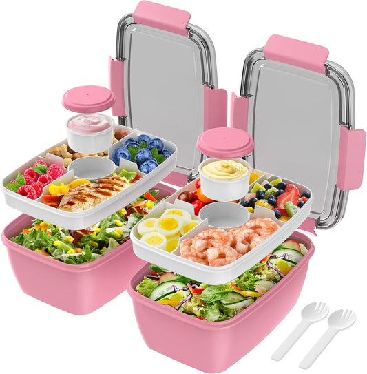 2Pack Salad Lunch Container, 68oz Salad Bowls with 4 Compartments Tray,Leak Proof Lunch Box with Fork for Men,Women BPA-Free Snack Container with Sauce Container for Dressings-Pink