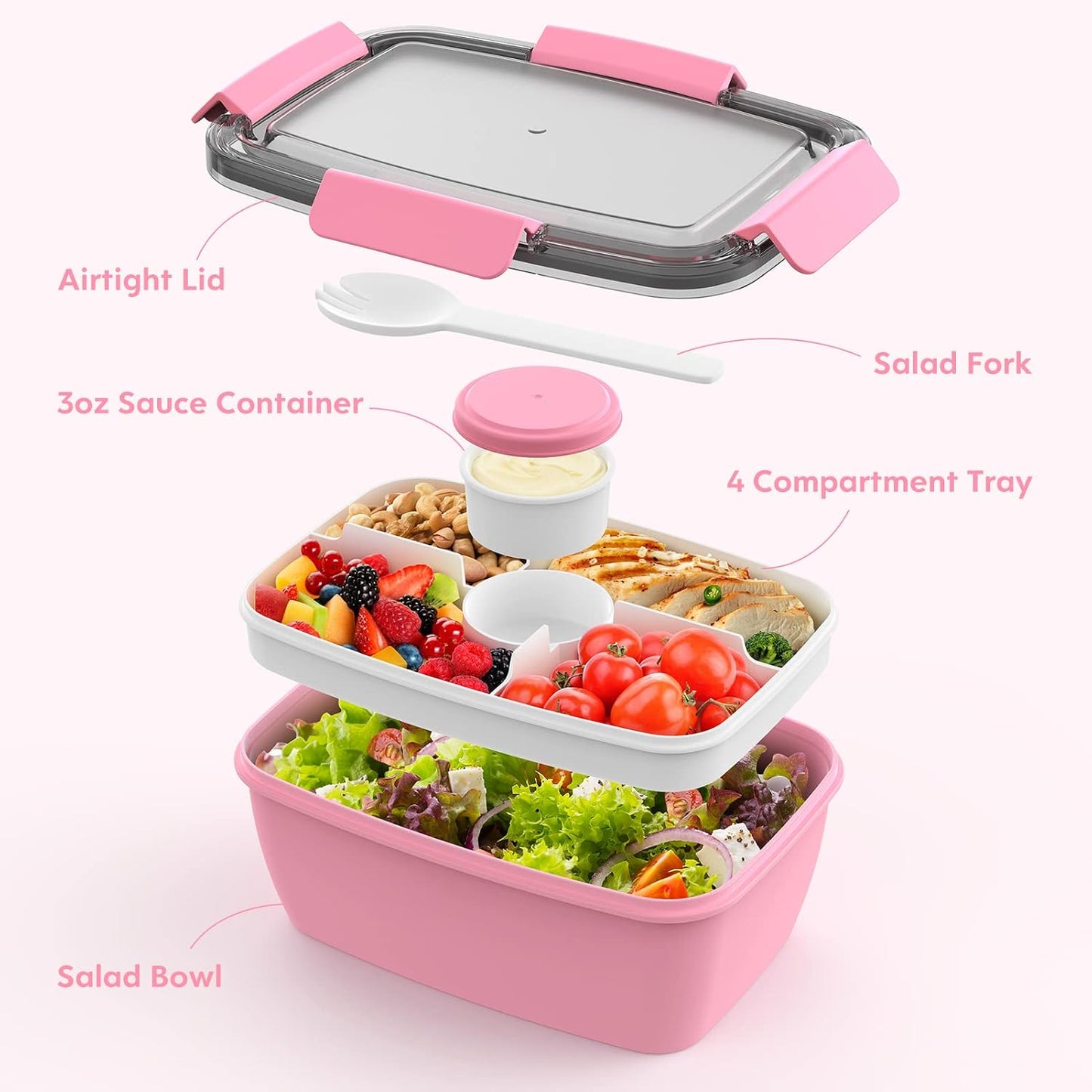 2Pack Salad Lunch Container, 68oz Salad Bowls with 4 Compartments Tray,Leak Proof Lunch Box with Fork for Men,Women BPA-Free Snack Container with Sauce Container for Dressings-Pink