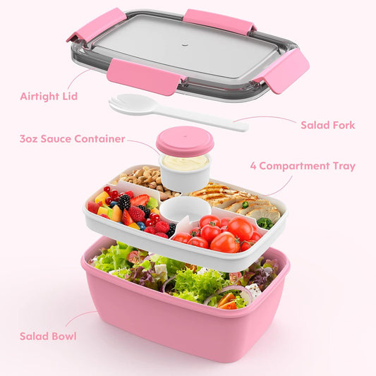 2Pack Salad Lunch Container, 68oz Salad Bowls with 4 Compartments Tray,Leak Proof Lunch Box with Fork for Men,Women BPA-Free Snack Container with Sauce Container for Dressings-Pink