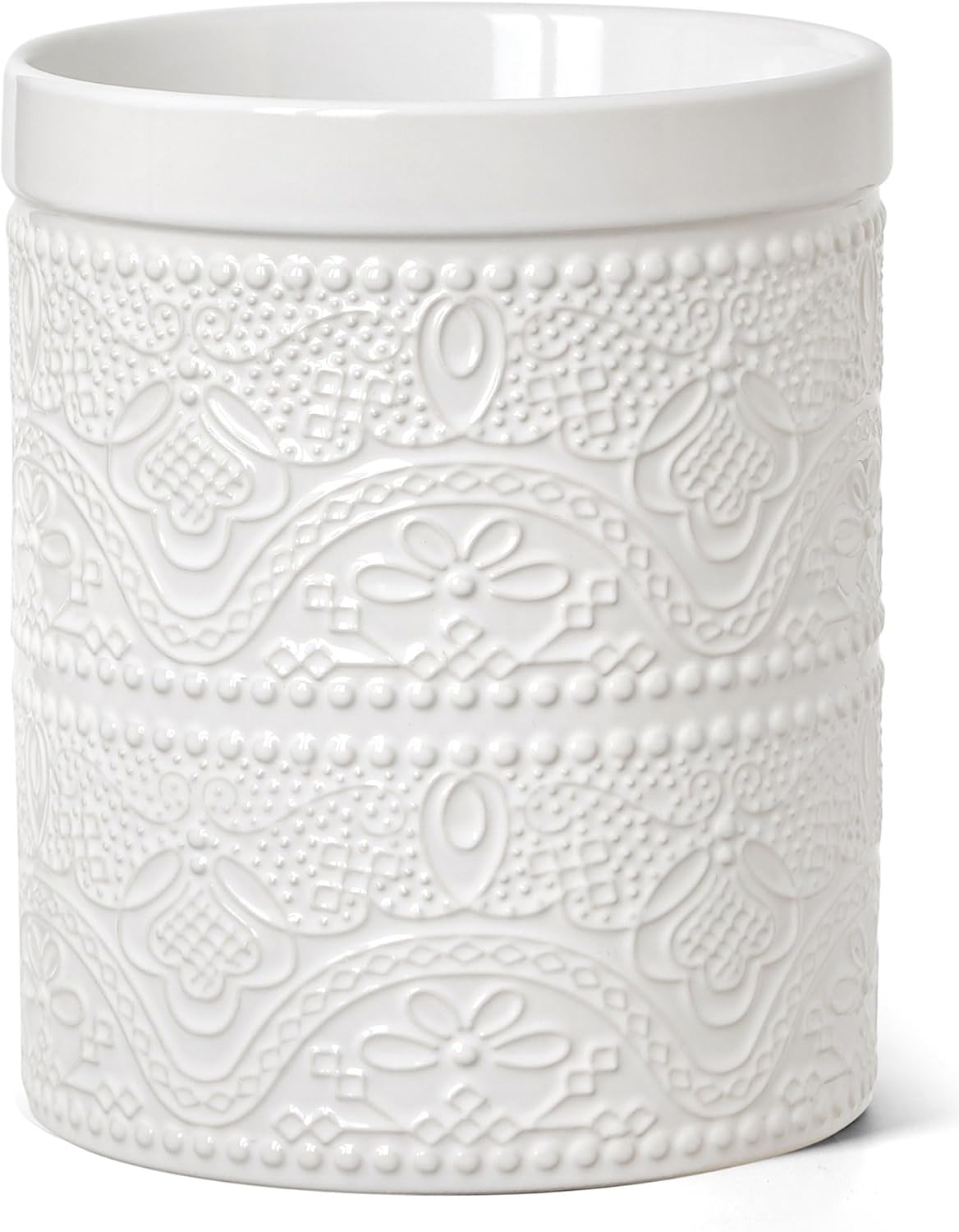 FUN ELEMENTS Kitchen Utensil Holder, 7.2" Super Large Utensil Crock Heavy and Stable Lace Emboss Ceramic Utensil Holder for Kitchen Counter (Bright White)