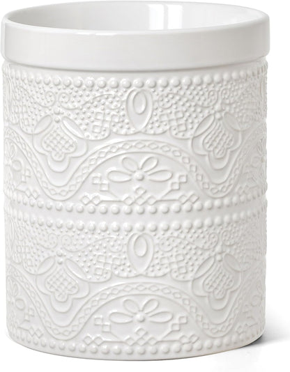 FUN ELEMENTS Kitchen Utensil Holder, 7.2" Super Large Utensil Crock Heavy and Stable Lace Emboss Ceramic Utensil Holder for Kitchen Counter (Bright White)