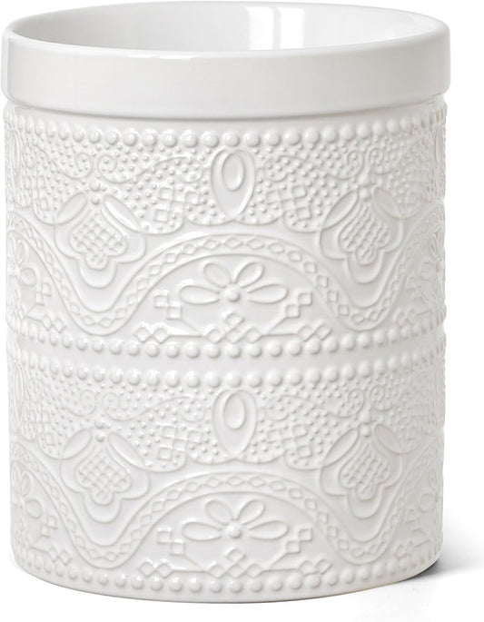 FUN ELEMENTS Kitchen Utensil Holder, 7.2" Super Large Utensil Crock Heavy and Stable Lace Emboss Ceramic Utensil Holder for Kitchen Counter (Bright White)
