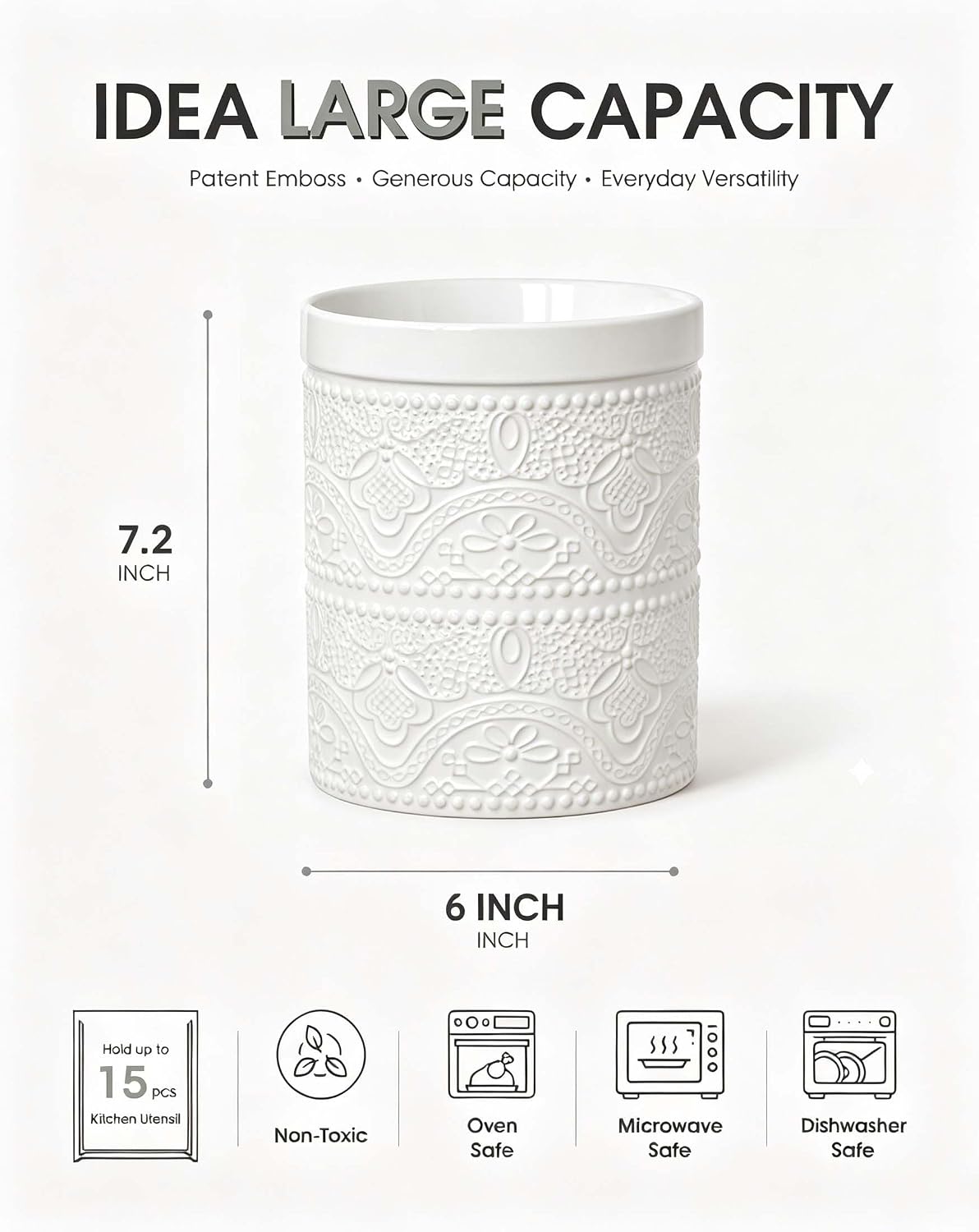FUN ELEMENTS Kitchen Utensil Holder, 7.2" Super Large Utensil Crock Heavy and Stable Lace Emboss Ceramic Utensil Holder for Kitchen Counter (Bright White)