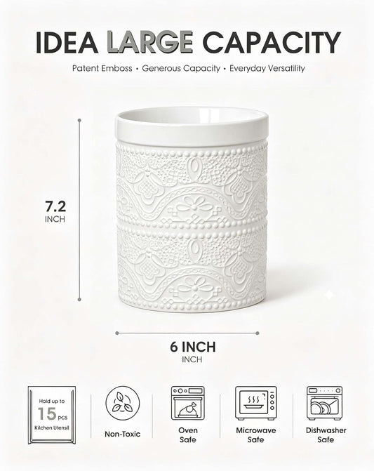 FUN ELEMENTS Kitchen Utensil Holder, 7.2" Super Large Utensil Crock Heavy and Stable Lace Emboss Ceramic Utensil Holder for Kitchen Counter (Bright White)