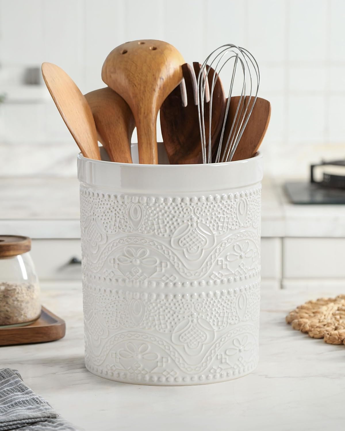 FUN ELEMENTS Kitchen Utensil Holder, 7.2" Super Large Utensil Crock Heavy and Stable Lace Emboss Ceramic Utensil Holder for Kitchen Counter (Bright White)
