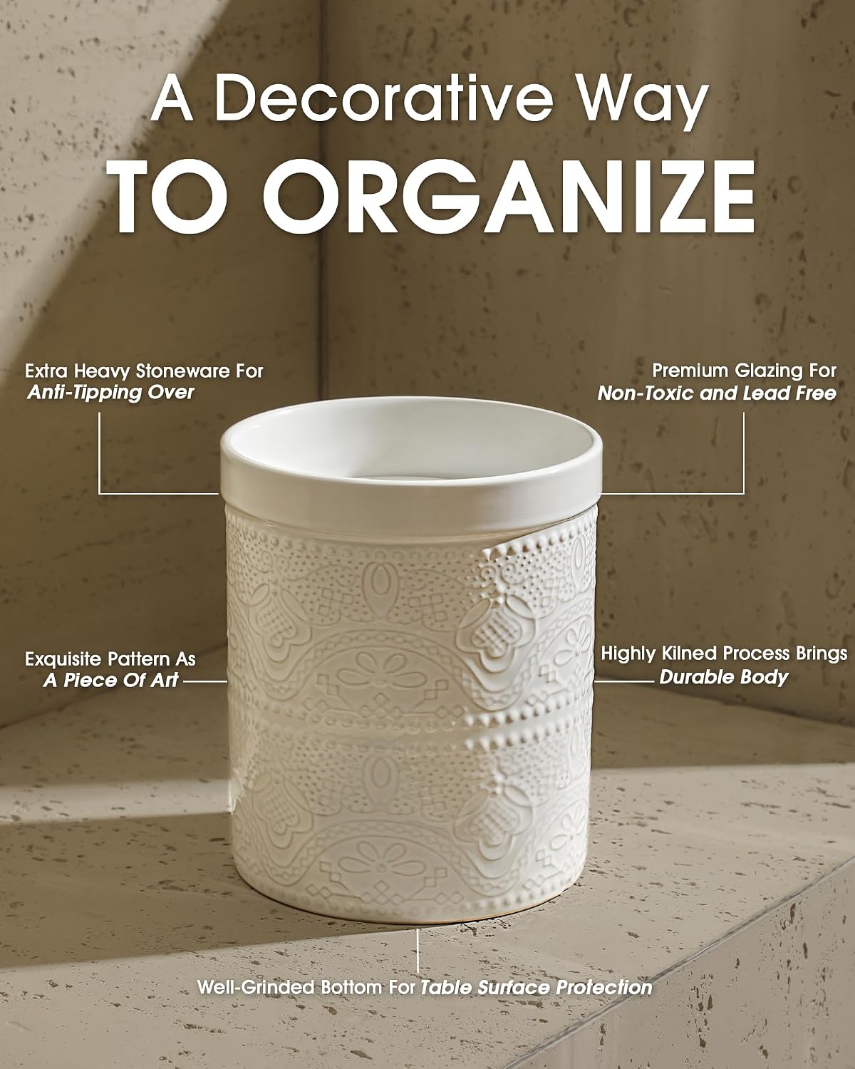 FUN ELEMENTS Kitchen Utensil Holder, 7.2" Super Large Utensil Crock Heavy and Stable Lace Emboss Ceramic Utensil Holder for Kitchen Counter (Bright White)