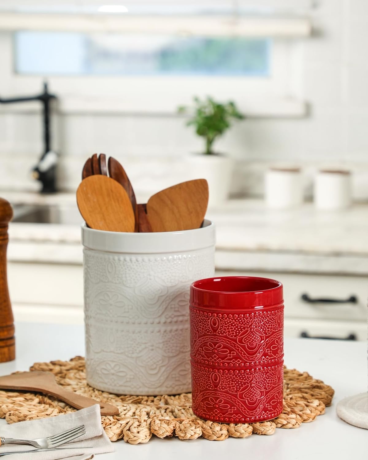 FUN ELEMENTS Kitchen Utensil Holder, 7.2" Super Large Utensil Crock Heavy and Stable Lace Emboss Ceramic Utensil Holder for Kitchen Counter (Bright White)