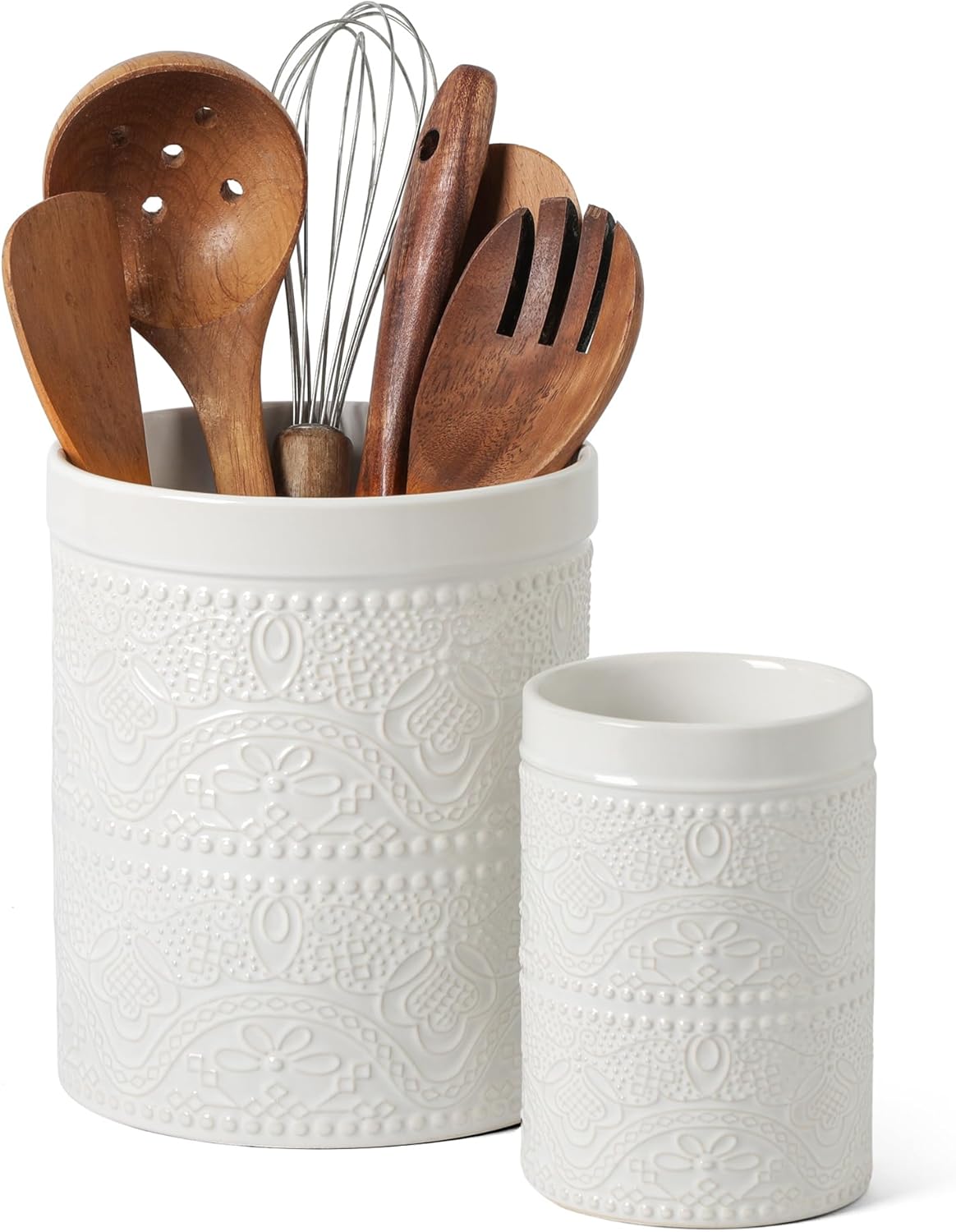 FUN ELEMENTS Kitchen Utensil Holder, 7.2" Super Large Utensil Crock Heavy and Stable Lace Emboss Ceramic Utensil Holder for Kitchen Counter (Bright White)