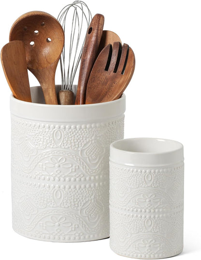 FUN ELEMENTS Kitchen Utensil Holder, 7.2" Super Large Utensil Crock Heavy and Stable Lace Emboss Ceramic Utensil Holder for Kitchen Counter (Bright White)