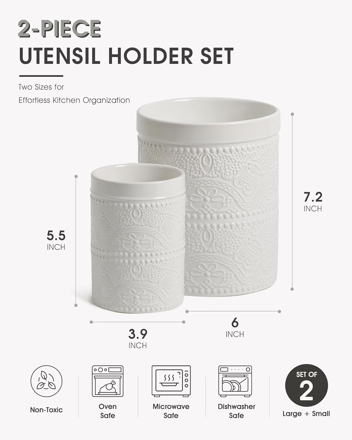 FUN ELEMENTS Kitchen Utensil Holder, 7.2" Super Large Utensil Crock Heavy and Stable Lace Emboss Ceramic Utensil Holder for Kitchen Counter (Bright White)