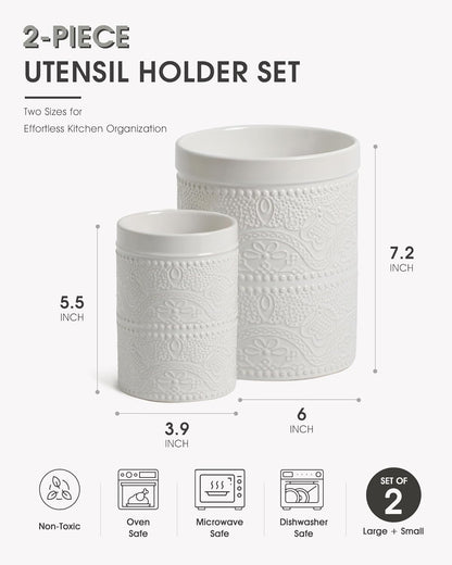 FUN ELEMENTS Kitchen Utensil Holder, 7.2" Super Large Utensil Crock Heavy and Stable Lace Emboss Ceramic Utensil Holder for Kitchen Counter (Bright White)