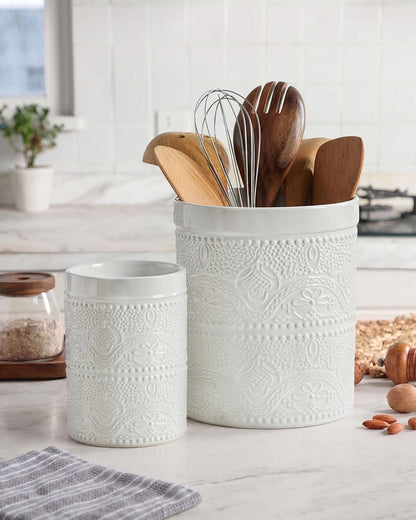 FUN ELEMENTS Kitchen Utensil Holder, 7.2" Super Large Utensil Crock Heavy and Stable Lace Emboss Ceramic Utensil Holder for Kitchen Counter (Bright White)