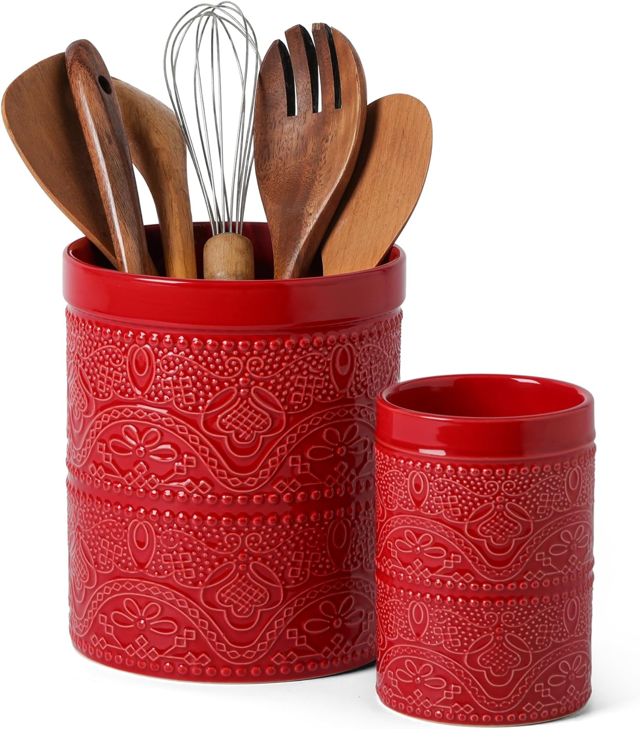 FUN ELEMENTS Kitchen Utensil Holder, 7.2" Super Large Utensil Crock Heavy and Stable Lace Emboss Ceramic Utensil Holder for Kitchen Counter (Bright White)