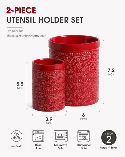 FUN ELEMENTS Kitchen Utensil Holder, 7.2" Super Large Utensil Crock Heavy and Stable Lace Emboss Ceramic Utensil Holder for Kitchen Counter (Bright White)