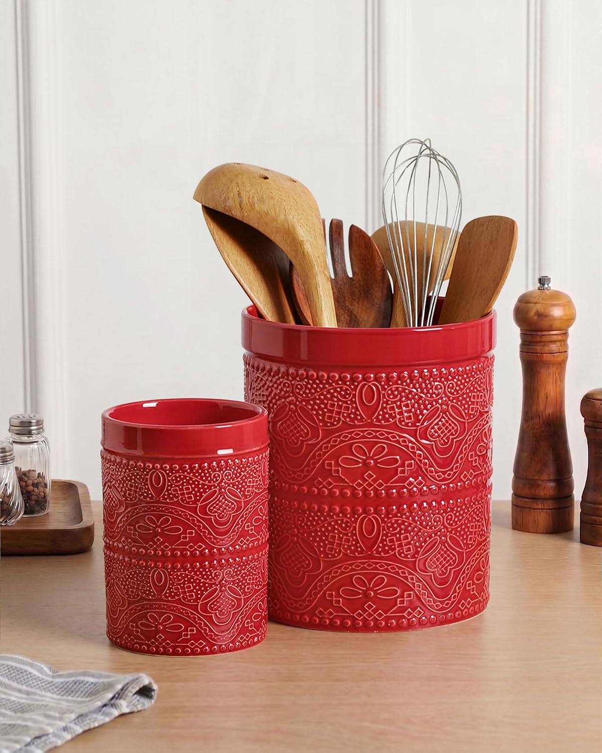 FUN ELEMENTS Kitchen Utensil Holder, 7.2" Super Large Utensil Crock Heavy and Stable Lace Emboss Ceramic Utensil Holder for Kitchen Counter (Bright White)