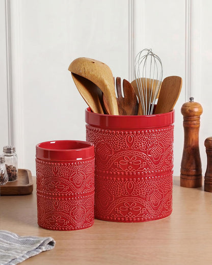 FUN ELEMENTS Kitchen Utensil Holder, 7.2" Super Large Utensil Crock Heavy and Stable Lace Emboss Ceramic Utensil Holder for Kitchen Counter (Bright White)