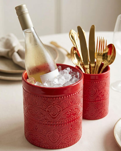 FUN ELEMENTS Kitchen Utensil Holder, 7.2" Super Large Utensil Crock Heavy and Stable Lace Emboss Ceramic Utensil Holder for Kitchen Counter (Bright White)