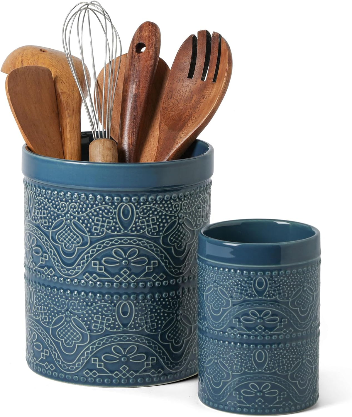 FUN ELEMENTS Kitchen Utensil Holder, 7.2" Super Large Utensil Crock Heavy and Stable Lace Emboss Ceramic Utensil Holder for Kitchen Counter (Bright White)