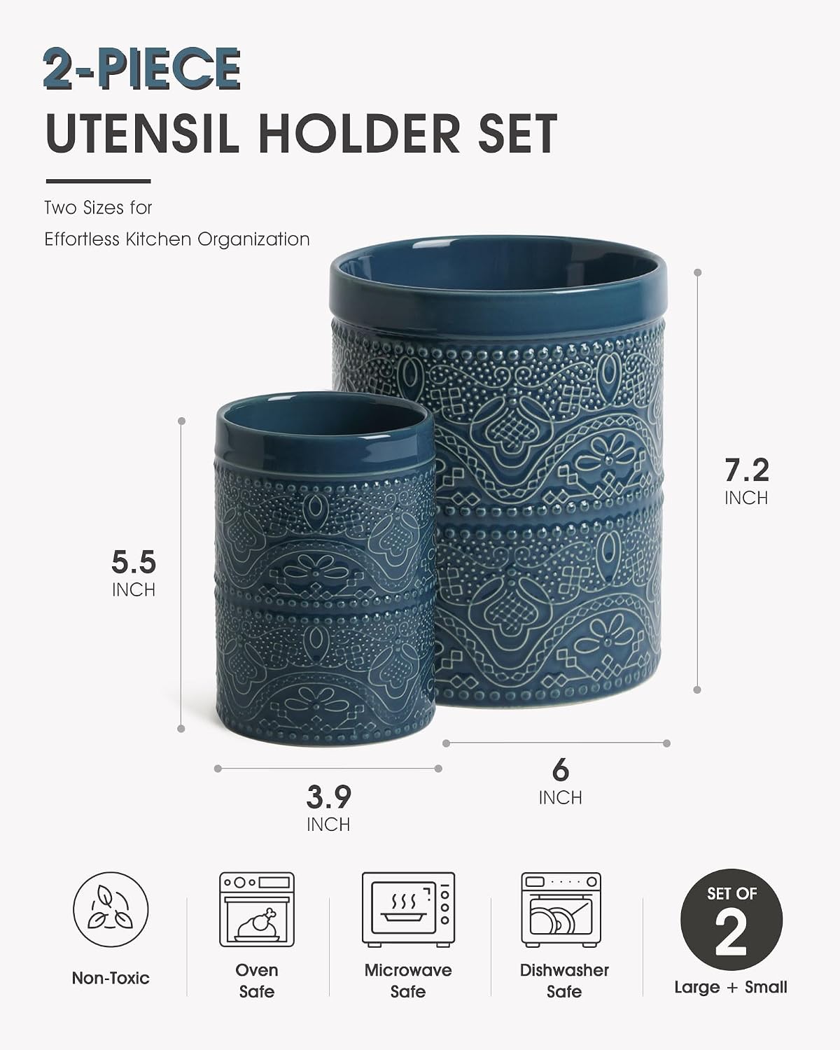 FUN ELEMENTS Kitchen Utensil Holder, 7.2" Super Large Utensil Crock Heavy and Stable Lace Emboss Ceramic Utensil Holder for Kitchen Counter (Bright White)