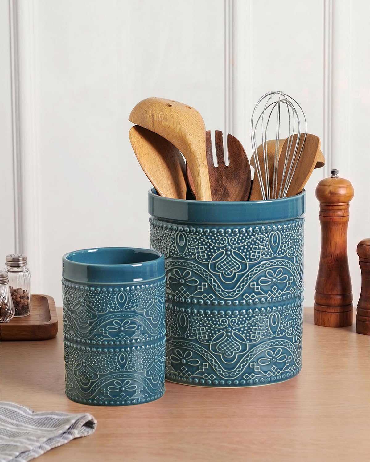 FUN ELEMENTS Kitchen Utensil Holder, 7.2" Super Large Utensil Crock Heavy and Stable Lace Emboss Ceramic Utensil Holder for Kitchen Counter (Bright White)