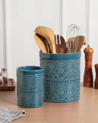 FUN ELEMENTS Kitchen Utensil Holder, 7.2" Super Large Utensil Crock Heavy and Stable Lace Emboss Ceramic Utensil Holder for Kitchen Counter (Bright White)