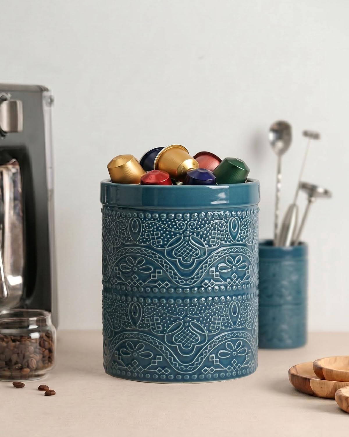 FUN ELEMENTS Kitchen Utensil Holder, 7.2" Super Large Utensil Crock Heavy and Stable Lace Emboss Ceramic Utensil Holder for Kitchen Counter (Bright White)