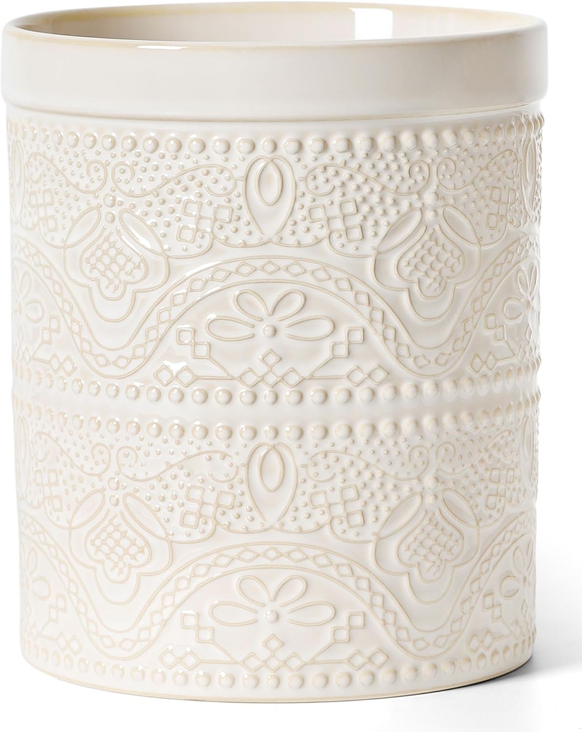 FUN ELEMENTS Kitchen Utensil Holder, 7.2" Super Large Utensil Crock Heavy and Stable Lace Emboss Ceramic Utensil Holder for Kitchen Counter (Bright White)