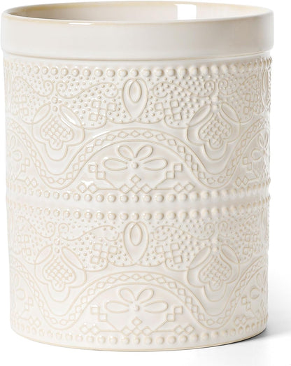 FUN ELEMENTS Kitchen Utensil Holder, 7.2" Super Large Utensil Crock Heavy and Stable Lace Emboss Ceramic Utensil Holder for Kitchen Counter (Bright White)
