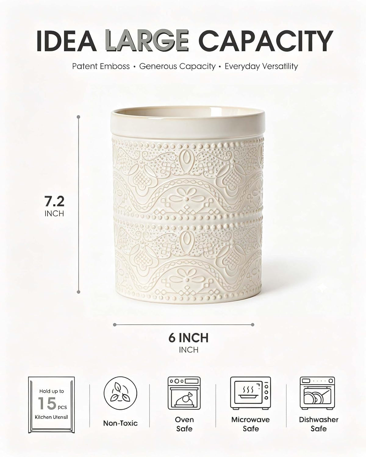 FUN ELEMENTS Kitchen Utensil Holder, 7.2" Super Large Utensil Crock Heavy and Stable Lace Emboss Ceramic Utensil Holder for Kitchen Counter (Bright White)