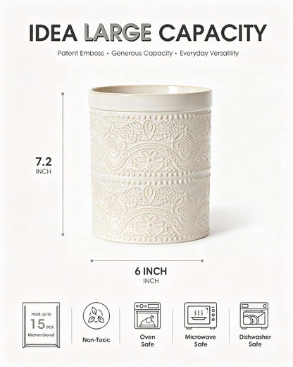 FUN ELEMENTS Kitchen Utensil Holder, 7.2" Super Large Utensil Crock Heavy and Stable Lace Emboss Ceramic Utensil Holder for Kitchen Counter (Bright White)