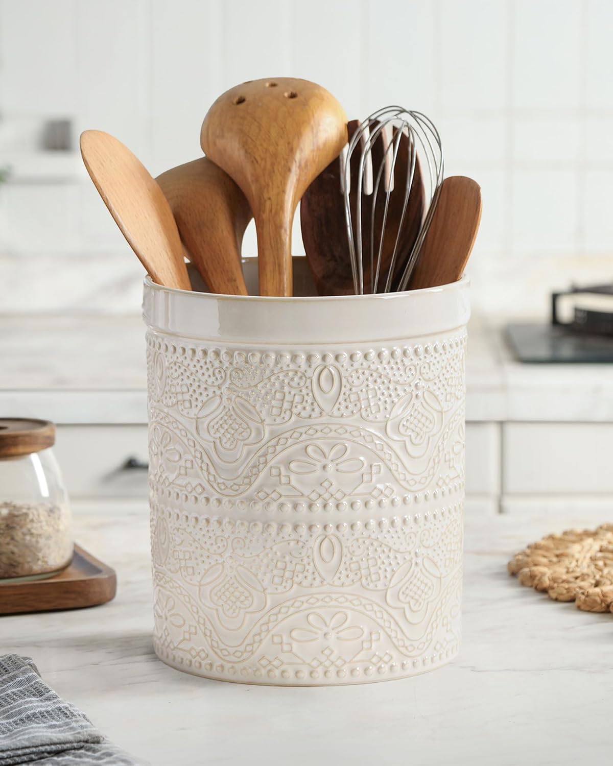 FUN ELEMENTS Kitchen Utensil Holder, 7.2" Super Large Utensil Crock Heavy and Stable Lace Emboss Ceramic Utensil Holder for Kitchen Counter (Bright White)
