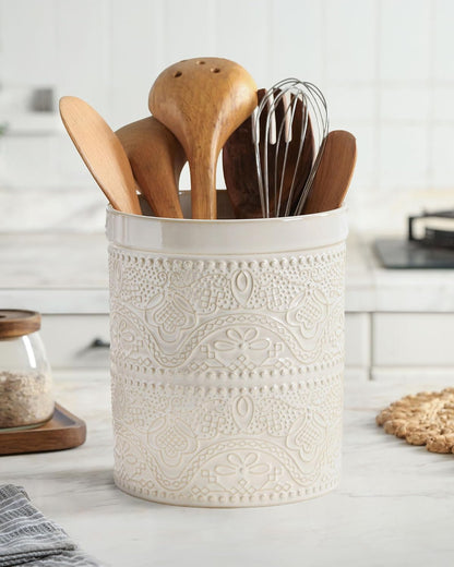 FUN ELEMENTS Kitchen Utensil Holder, 7.2" Super Large Utensil Crock Heavy and Stable Lace Emboss Ceramic Utensil Holder for Kitchen Counter (Bright White)