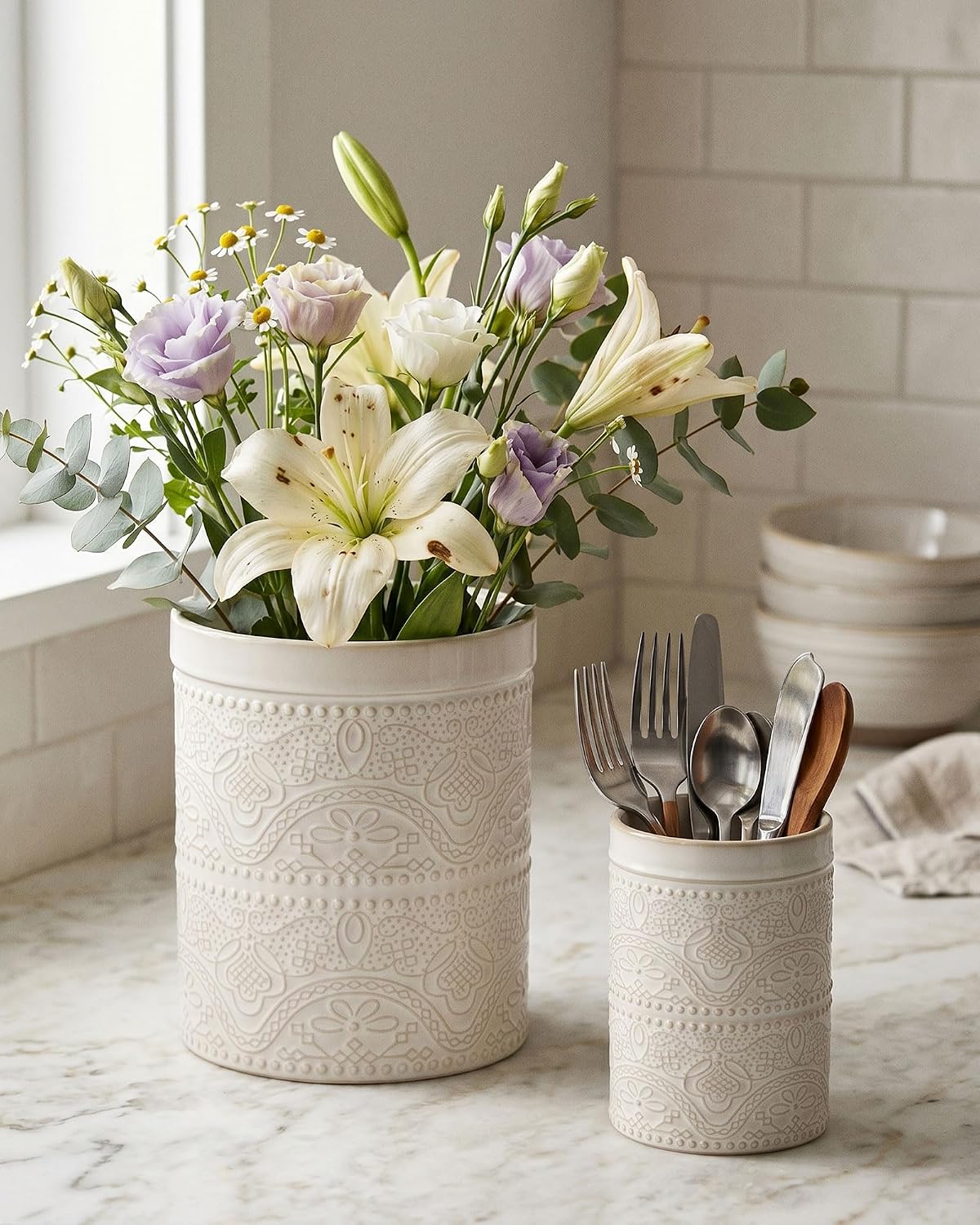 FUN ELEMENTS Kitchen Utensil Holder, 7.2" Super Large Utensil Crock Heavy and Stable Lace Emboss Ceramic Utensil Holder for Kitchen Counter (Bright White)