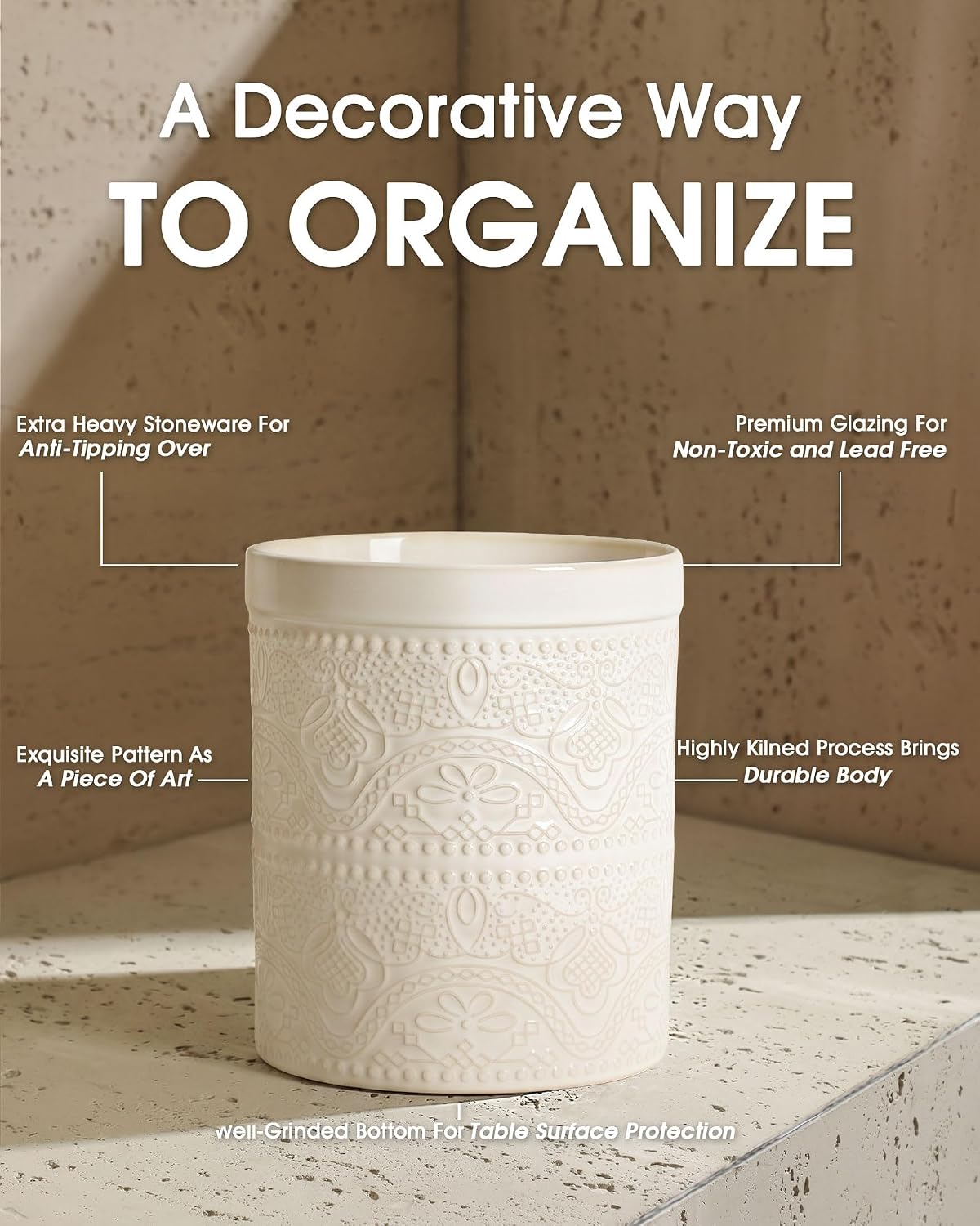 FUN ELEMENTS Kitchen Utensil Holder, 7.2" Super Large Utensil Crock Heavy and Stable Lace Emboss Ceramic Utensil Holder for Kitchen Counter (Bright White)