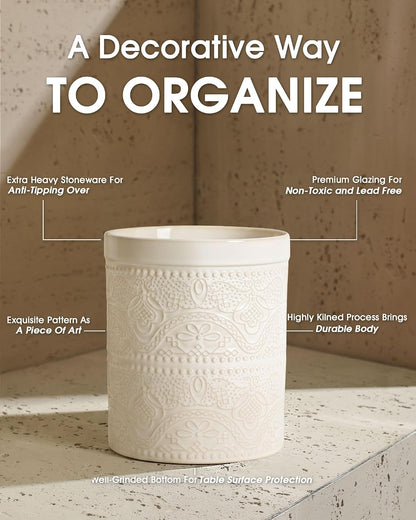FUN ELEMENTS Kitchen Utensil Holder, 7.2" Super Large Utensil Crock Heavy and Stable Lace Emboss Ceramic Utensil Holder for Kitchen Counter (Bright White)